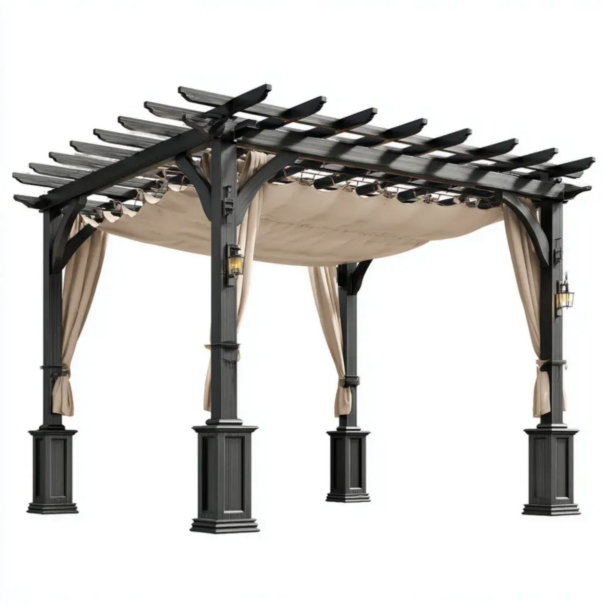 Pergola ogrodowa z litego drewna 300 x 300 x 250 cm czarna z beżowym zadaszeniem i zasłonami
