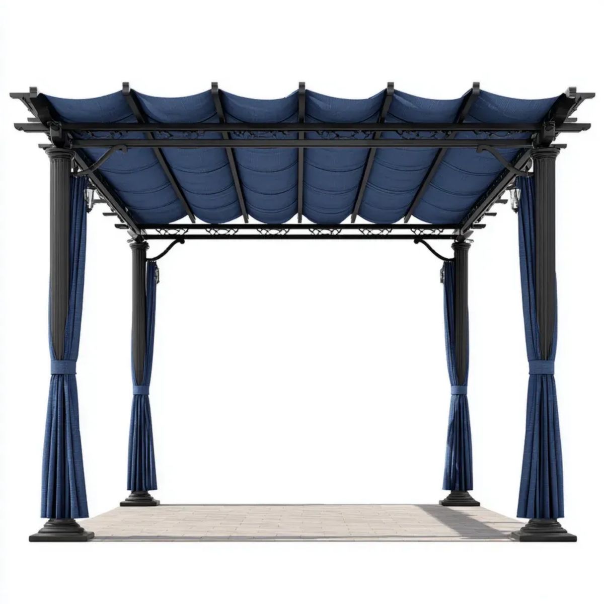 Ogrodowa pergola stalowa z segmentowym dachem i 4 zasłonami 400 x 300 x 280 cm granatowo-czarna