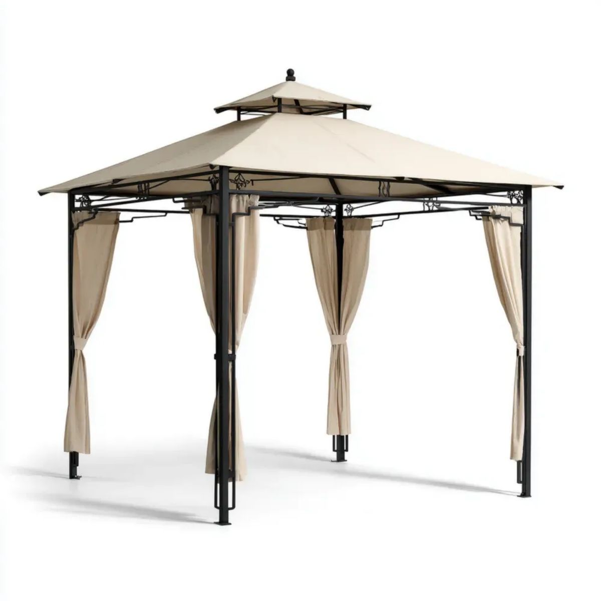 Altana ogrodowa stalowa 3 x 3 x 2,7 m beżowo-czarna z poliestrowym dachem i zasłonami