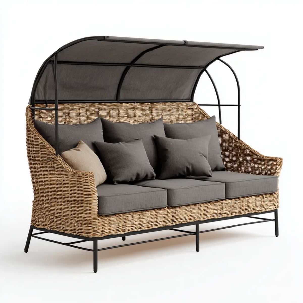 Trzyosobowa sofa ogrodowa rattanowa z daszkiem, szara, 220 x 85 x 200 cm