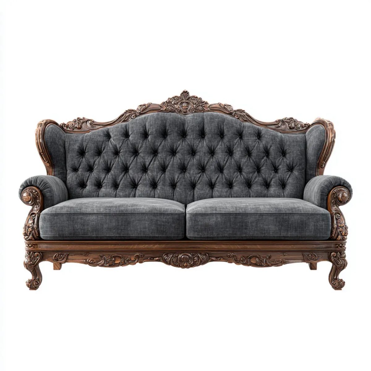 Trzyosobowa sofa pikowana z litego drewna, szaro-brązowa, 220 × 92 × 108 cm
