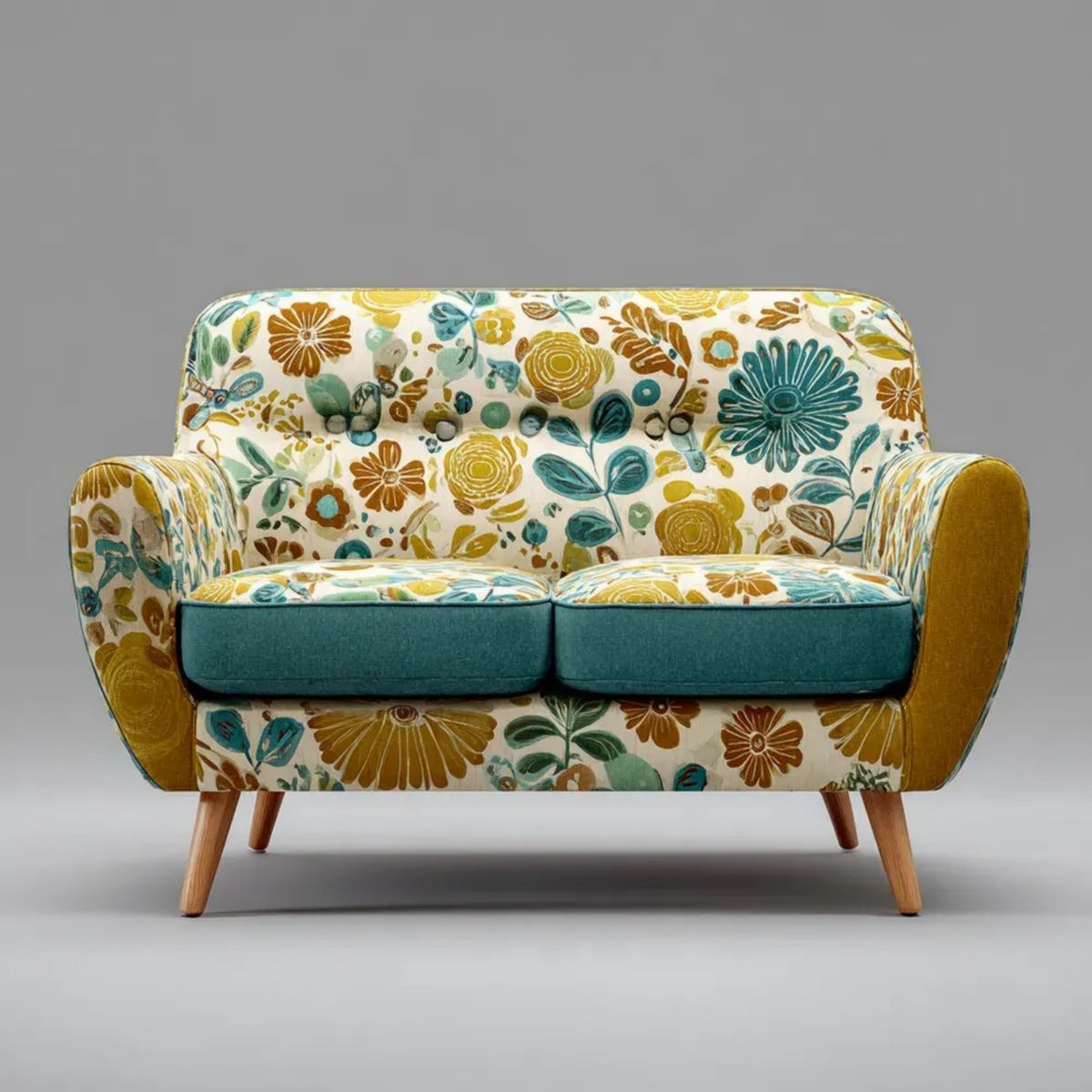 Dwuosobowa sofa tapicerowana kremowa/turkusowa/musztardowa 140 × 82 × 88 cm