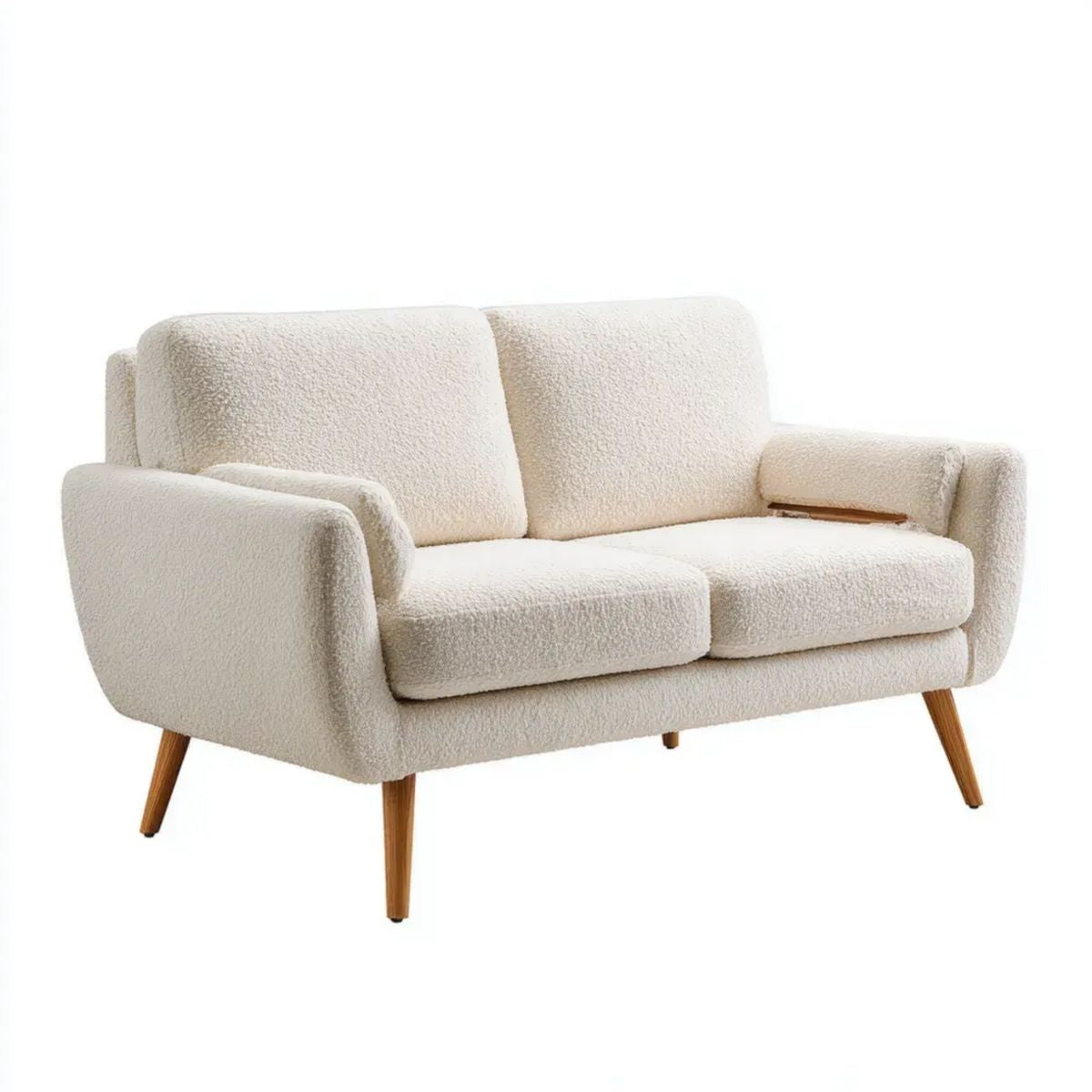 Kremowa sofa dwuosobowa z tapicerką bouclé i drewnianymi nogami, 145 x 80 x 82 cm