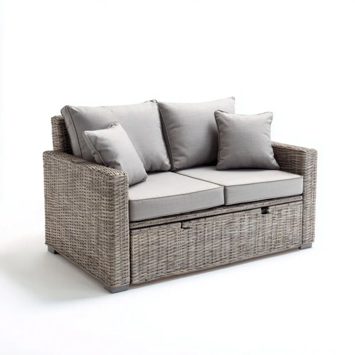 Dwuosobowa sofa ogrodowa ze schowkami z technorattanu, szara/beżowoszara, 145 × 75 × 85 cm