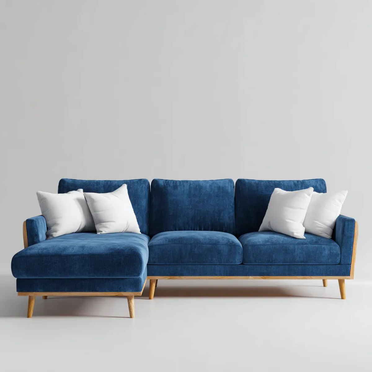 Lewostronna sofa narożna z szezlongiem z weluru, granatowa/naturalna, 260 x 160 x 85 cm