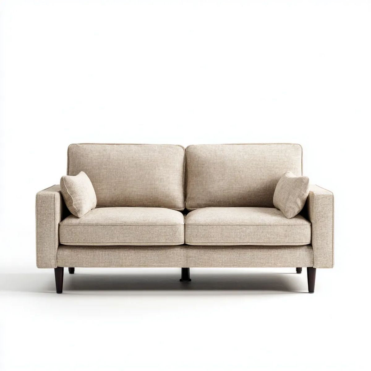 Beżowa sofa dwuosobowa z obiciem poliestrowym i drewnianymi nogami, 160 × 88 × 84 cm