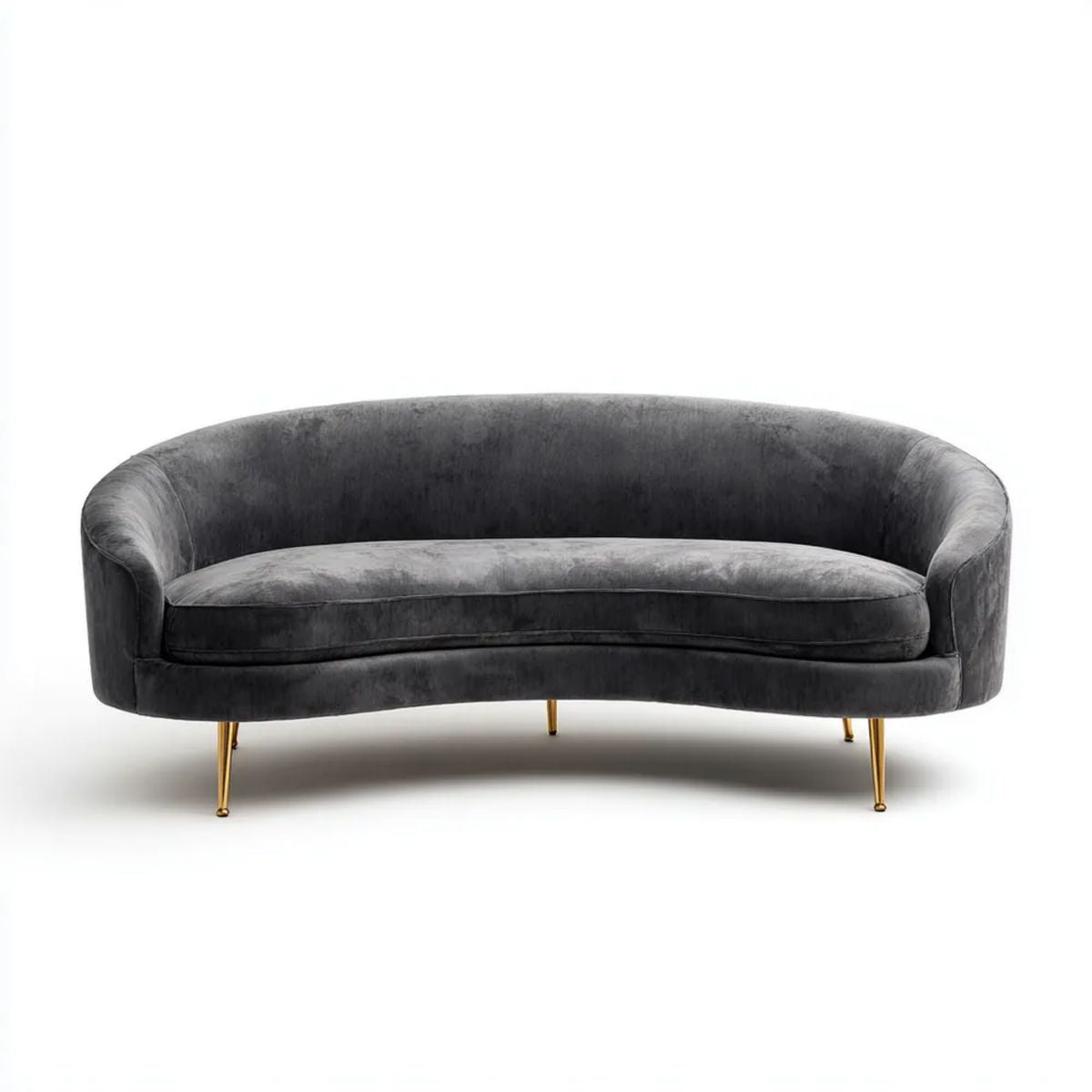 Sofa 3-osobowa z aksamitu poliestrowego, półokrągła, ciemnoszara ze złotymi metalowymi nogami, 220 x 90 x 75 cm