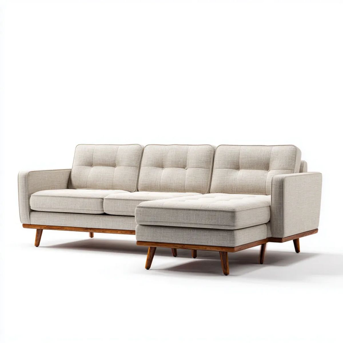 Prawostronna sofa narożna beżowa z tapicerką poliestrową i drewnianymi nogami, 250 x 160 x 85 cm