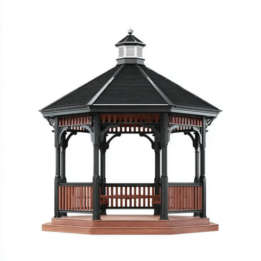 Ośmiokątna altana ogrodowa z aluminium i kompozytu WPC, czarno-brązowo-biała, 300 × 300 × 350 cm