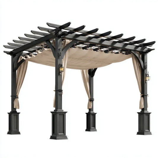 Pergola ogrodowa z litego drewna 300 x 300 x 250 cm czarna z beżowym zadaszeniem i zasłonami