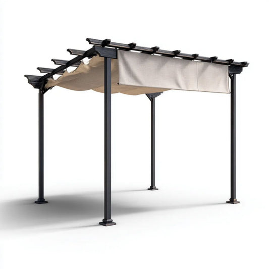 Pergola ogrodowa stalowa z rozsuwanym dachem, czarno-beżowa, 300 x 300 x 230 cm