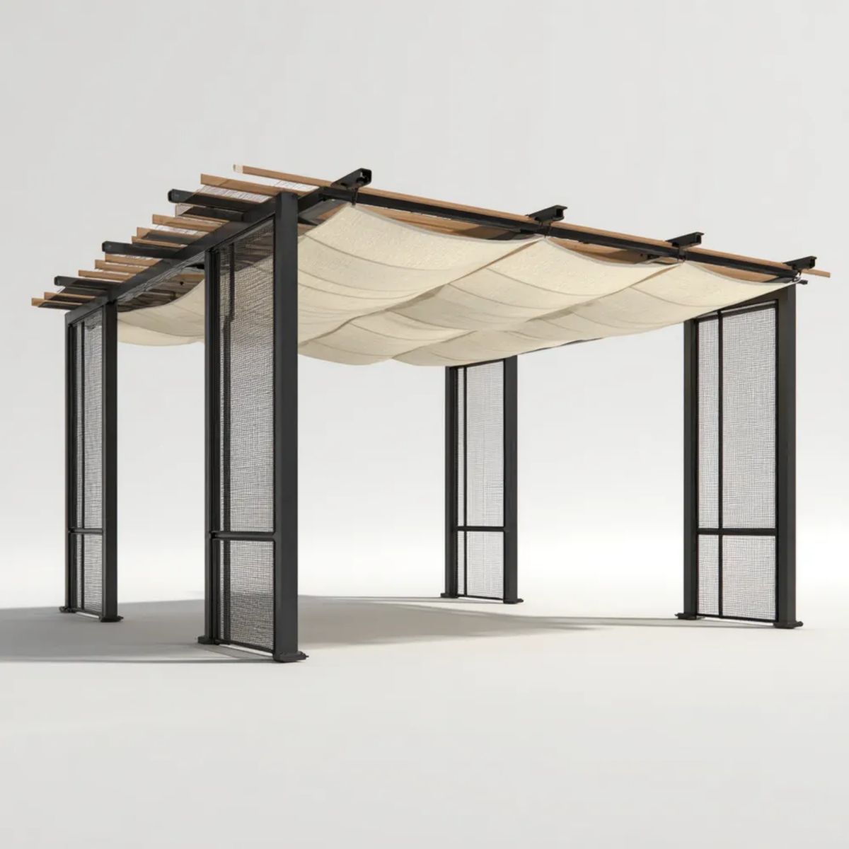 Prostokątna pergola ogrodowa stalowa 400 x 300 x 230 cm czarna z beżowym rozsuwanym dachem poliestrowym