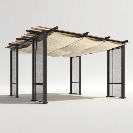 Prostokątna pergola ogrodowa stalowa 400 x 300 x 230 cm czarna z beżowym rozsuwanym dachem poliestrowym