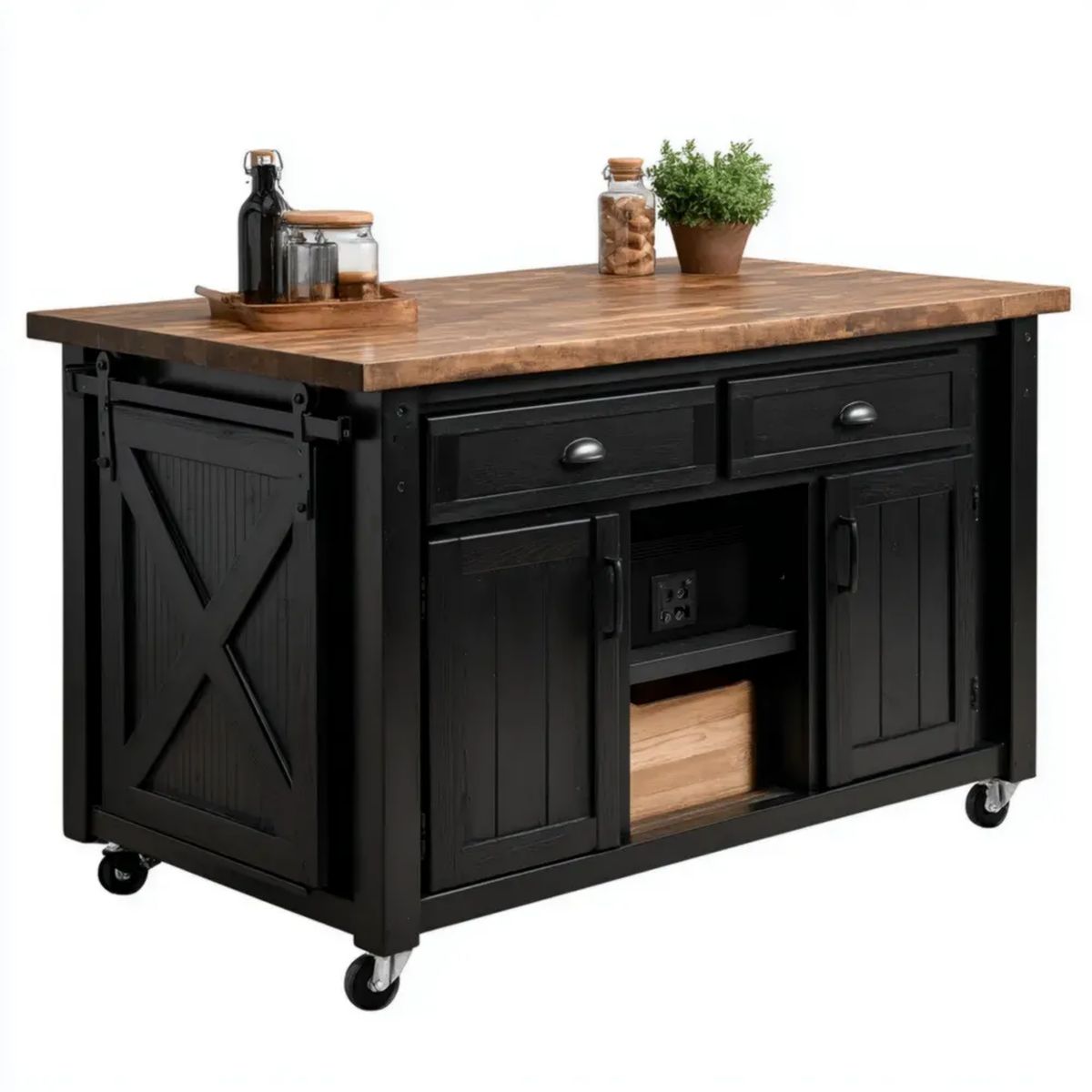 Czarna wyspa kuchenna na kółkach z drewnianym blatem 152 x 76 x 91 cm