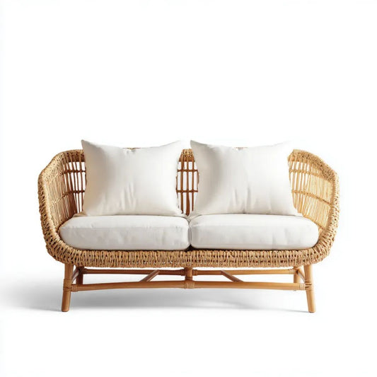 Dwuosobowa sofa ogrodowa z naturalnego rattanu, beżowa, z kremowobiałymi poduszkami, 130 × 70 × 82 cm