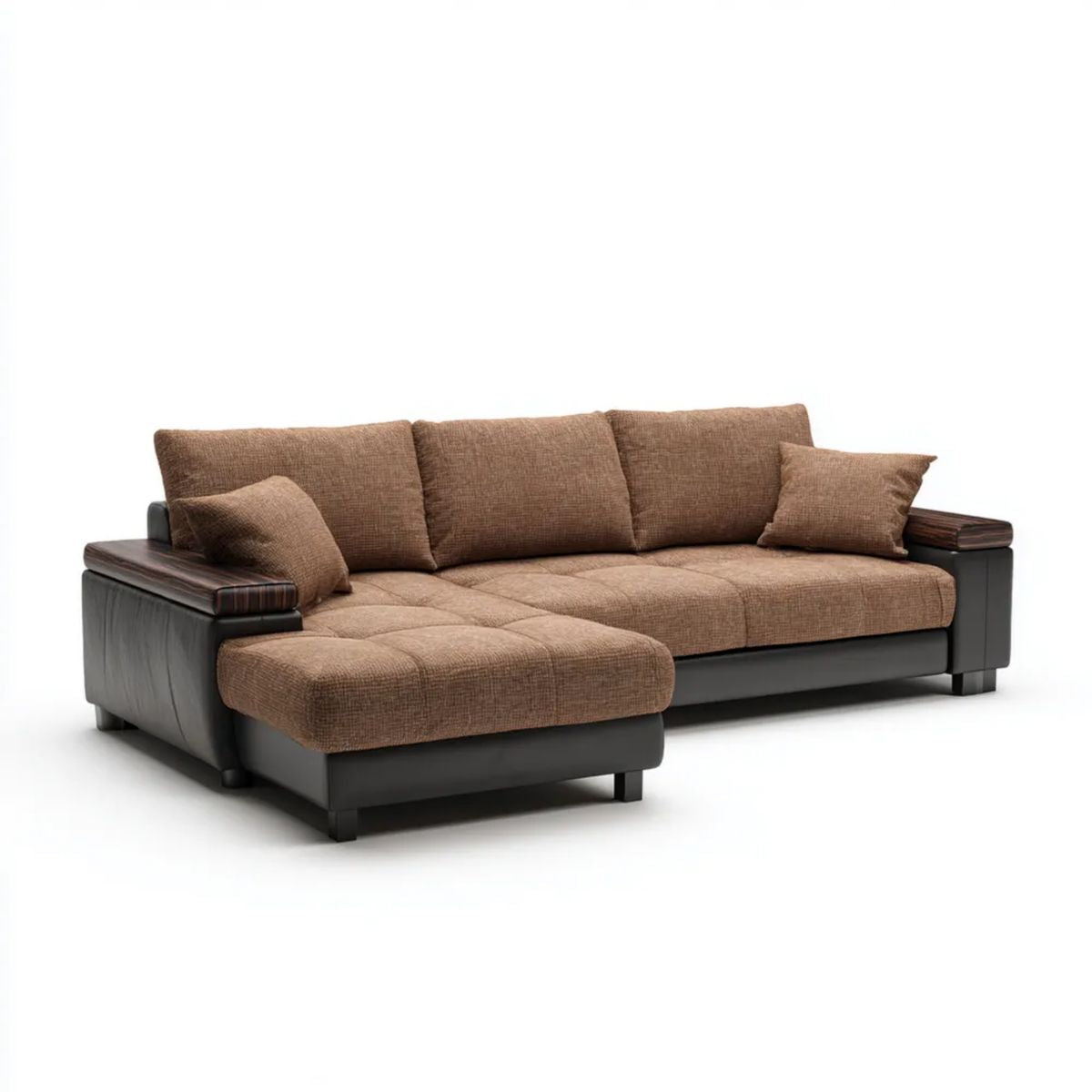 Brązowo-czarna sofa narożna lewostronna z szezlongiem, tapicerka tkaninowa i ekoskóra, 280 x 170 x 90 cm