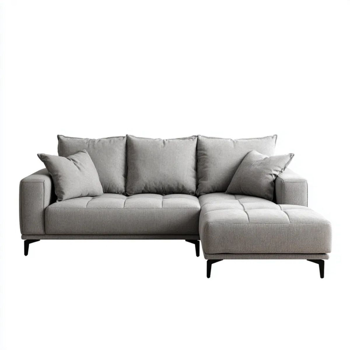 Szara sofa narożna w kształcie L z prawostronnym szezlongiem, tapicerka poliestrowa, 250 × 160 × 85 cm