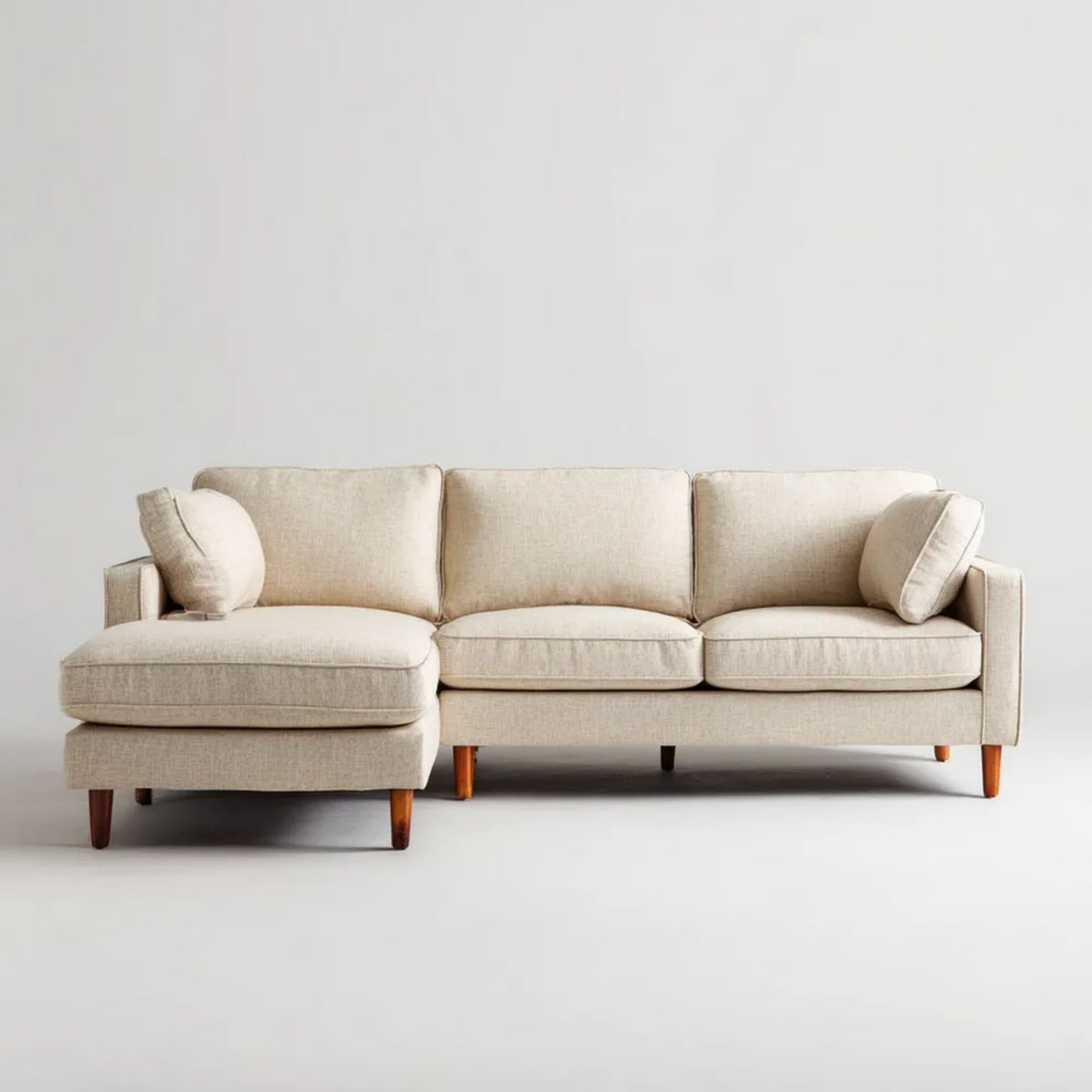 Beżowa sofa narożna 3-osobowa w kształcie L z tapicerką poliestrową, 250 × 160 × 85 cm
