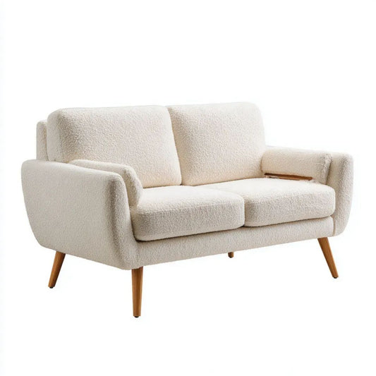 Kremowa sofa dwuosobowa z tapicerką bouclé i drewnianymi nogami, 145 x 80 x 82 cm