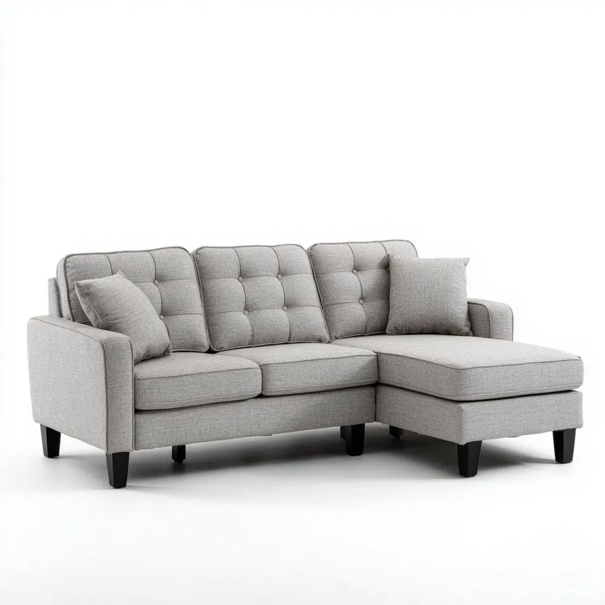 Prawostronna sofa narożna w kształcie L jasnoszara z czarnymi nogami, poliester, 230 x 150 x 85 cm