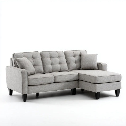 Prawostronna sofa narożna w kształcie L jasnoszara z czarnymi nogami, poliester, 230 x 150 x 85 cm