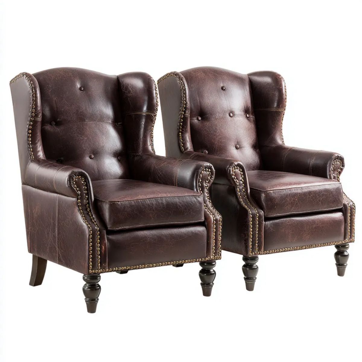 Zestaw 2 rozkładanych foteli uszaków Chesterfield z tapicerką PU, ciemnobrązowych, 90 x 90 x 105 cm