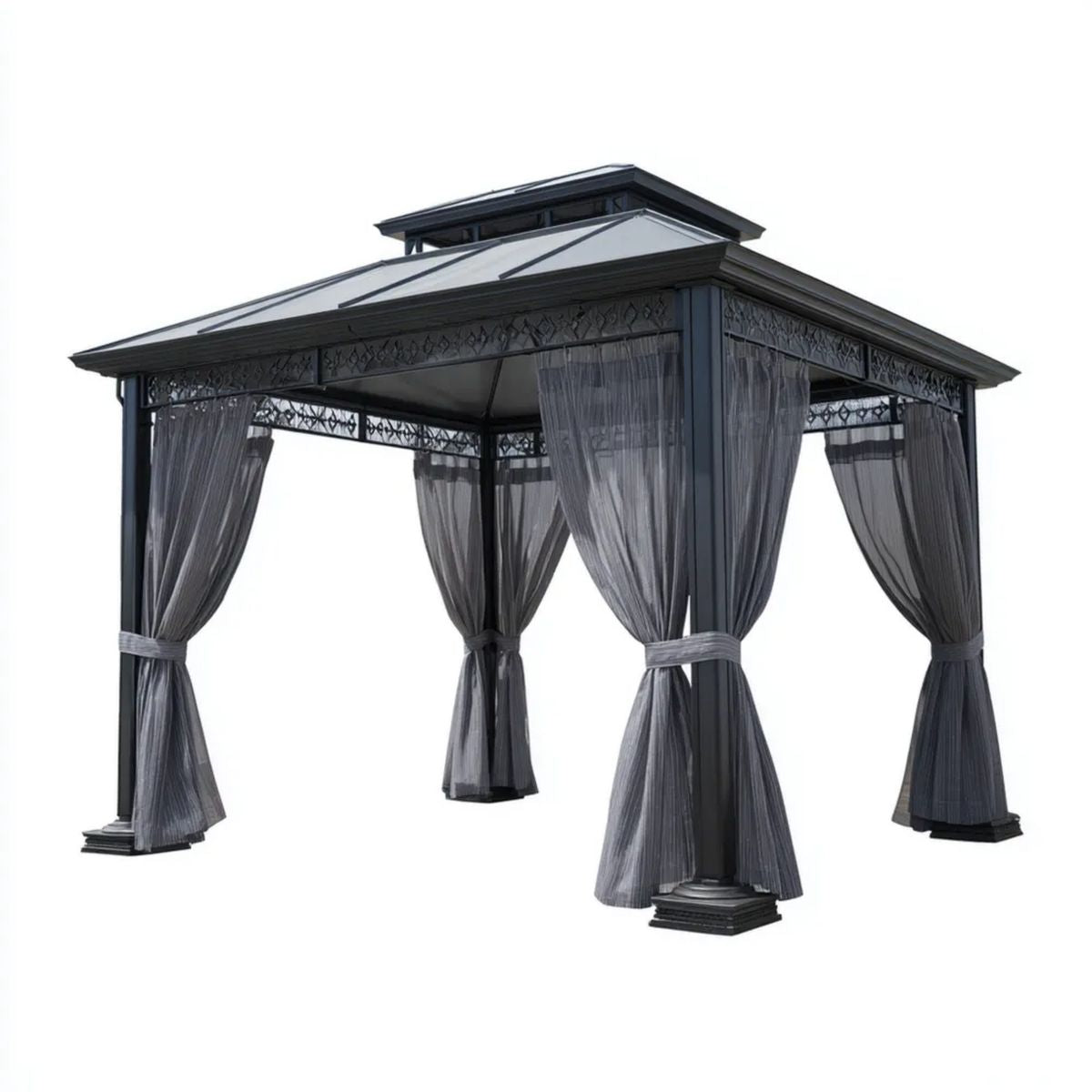 Zewnętrzna altana ogrodowa z aluminium i poliwęglanu 300 x 300 x 290 cm czarna z ciemnoszarymi zasłonami