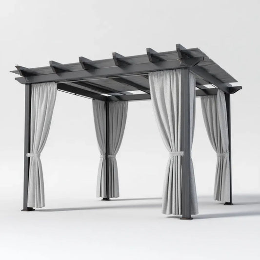 Prostokątna pergola ogrodowa aluminiowa z zasłonami, grafitowa/jasnoszara, 400 x 300 x 230 cm
