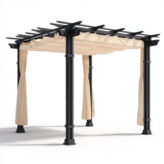Aluminiowa pergola ogrodowa z rozsuwanym dachem i zasłonami 300 x 400 x 230 cm czarno-kremowa