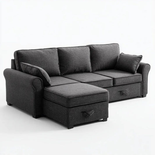 Rozkładana sofa narożna w kształcie L z pufą, grafitowa, poliestrowa, 245 × 160 × 90 cm