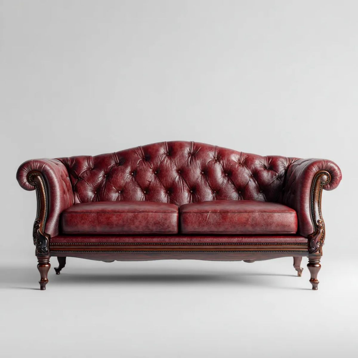 Trzyosobowa sofa skórzana PU Chesterfield, bordowa z ciemnobrązowymi nogami, 220 x 95 x 80 cm