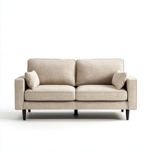 Beżowa sofa dwuosobowa z obiciem poliestrowym i drewnianymi nogami, 160 × 88 × 84 cm