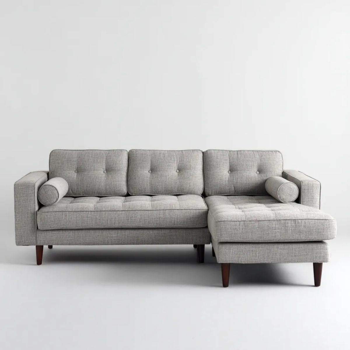 Prawostronna sofa narożna z szezlongiem, szara, tapicerka tkaninowa, 230 × 150 × 85 cm