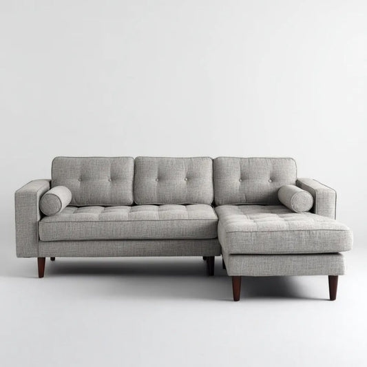 Prawostronna sofa narożna z szezlongiem, szara, tapicerka tkaninowa, 230 × 150 × 85 cm
