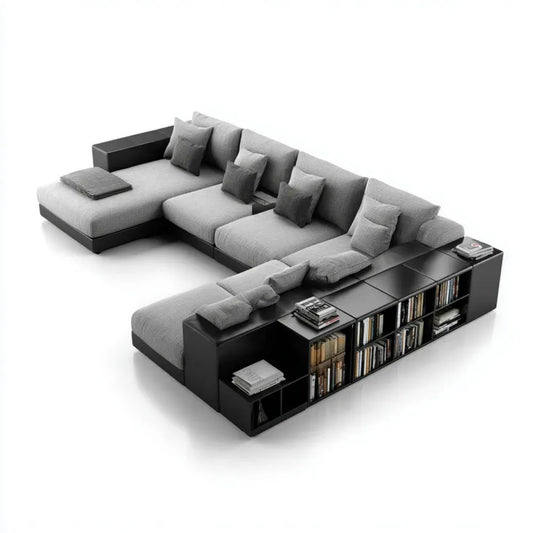 Modułowa sofa w kształcie U z dwoma szezlongami, szara, z tapicerką poliestrową i czarnymi półkami, 360 × 300 × 80 cm