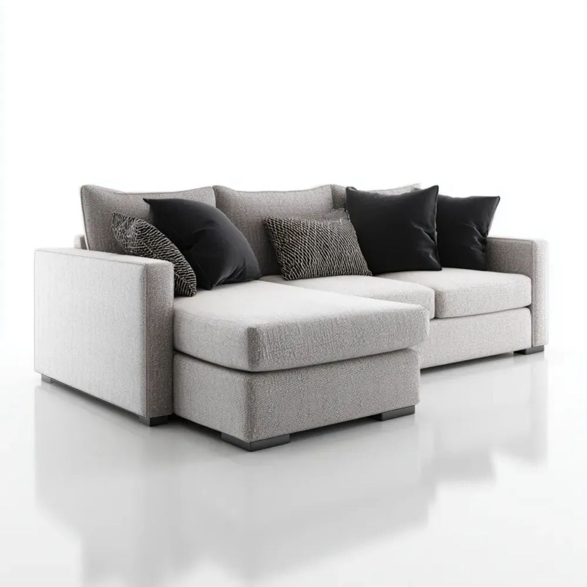 Szara sofa narożna w kształcie L z lewostronnym szezlongiem, tapicerowana tkaniną, 250 × 170 × 85 cm