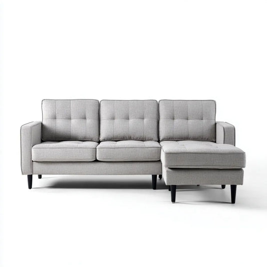Prawostronna sofa narożna z szezlongiem z poliestru, jasnoszara/czarna, 230 × 150 × 85 cm