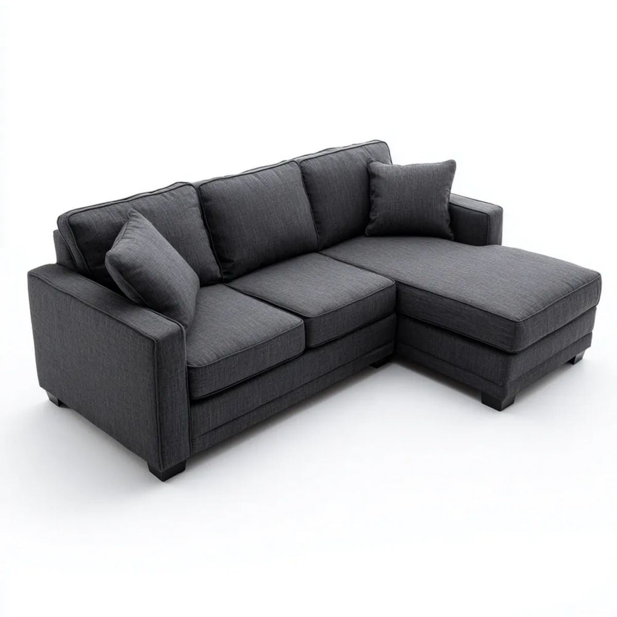 Antracytowa sofa narożna w kształcie L z prawostronnym szezlongiem, tapicerka poliestrowa, 230 x 150 x 85 cm