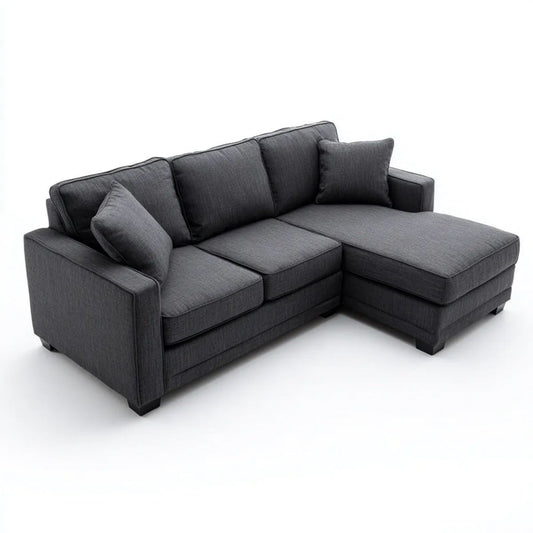 Antracytowa sofa narożna w kształcie L z prawostronnym szezlongiem, tapicerka poliestrowa, 230 x 150 x 85 cm