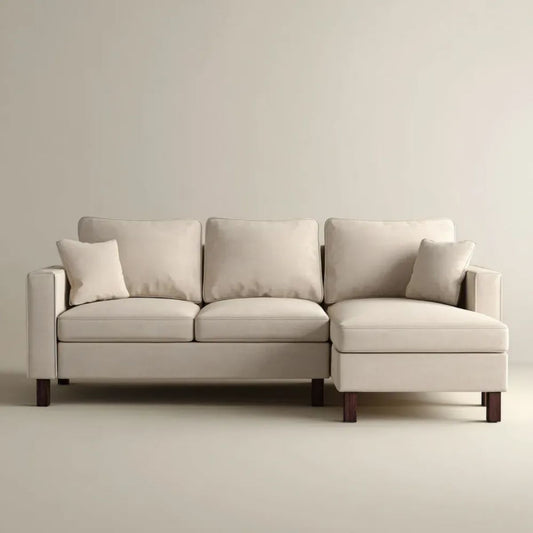 Beżowa sofa narożna z prawym szezlongiem, tkanina, 250 × 160 × 85 cm, kształt L