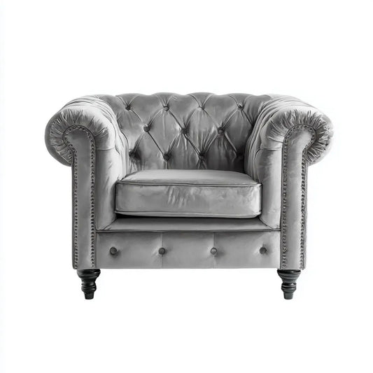 Fotel Chesterfield szary z tapicerką z aksamitu poliestrowego, 120 x 90 x 75 cm